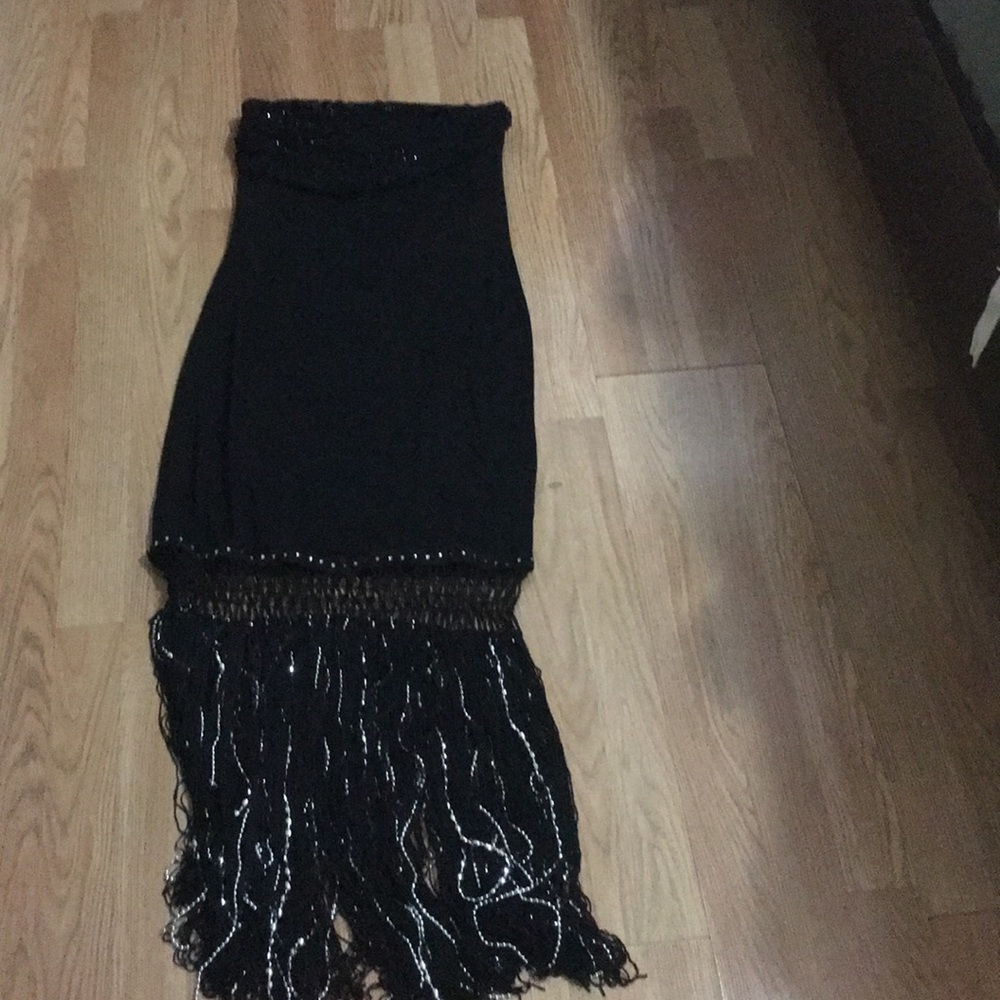 DAVID MEISTER Strapless beaded fringe dress.